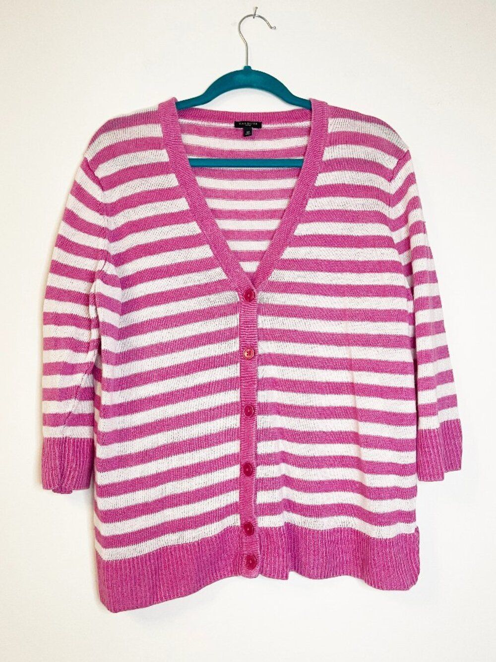 Talbots Woman 2X Pink White Striped 100% Linen Cardigan Sweater 3/4 Sleeve
